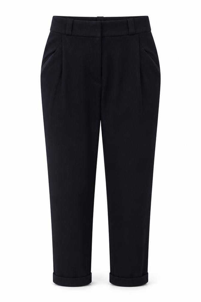 Front view of Topshop women’s blue polyester trousers, size UK 10, regular hook & eye