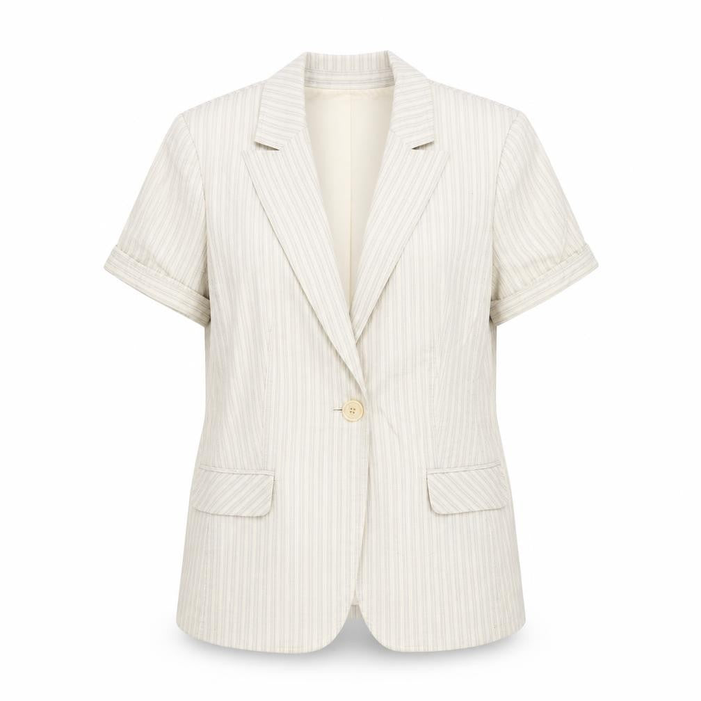 Front view of Style&co. women’s beige striped jacket blazer, size UK 8, button