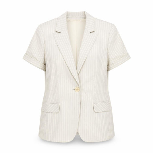 Front view of Style&co. women’s beige striped jacket blazer, size UK 8, button