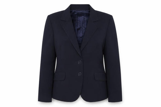 Front view of Planet women’s blue polyester jacket blazer, size UK 14, button