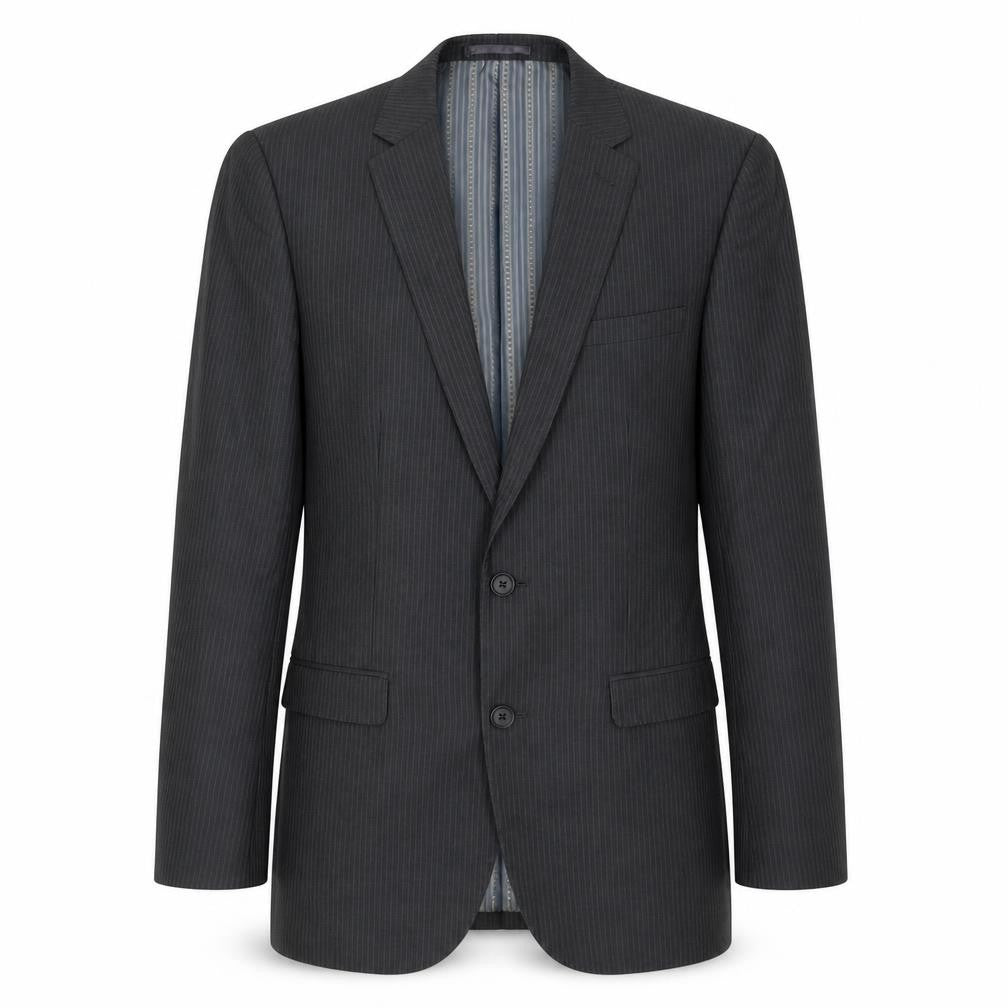 Front view of Limited Collection men’s grey striped polyester jacket suit jacket, size 38, regular