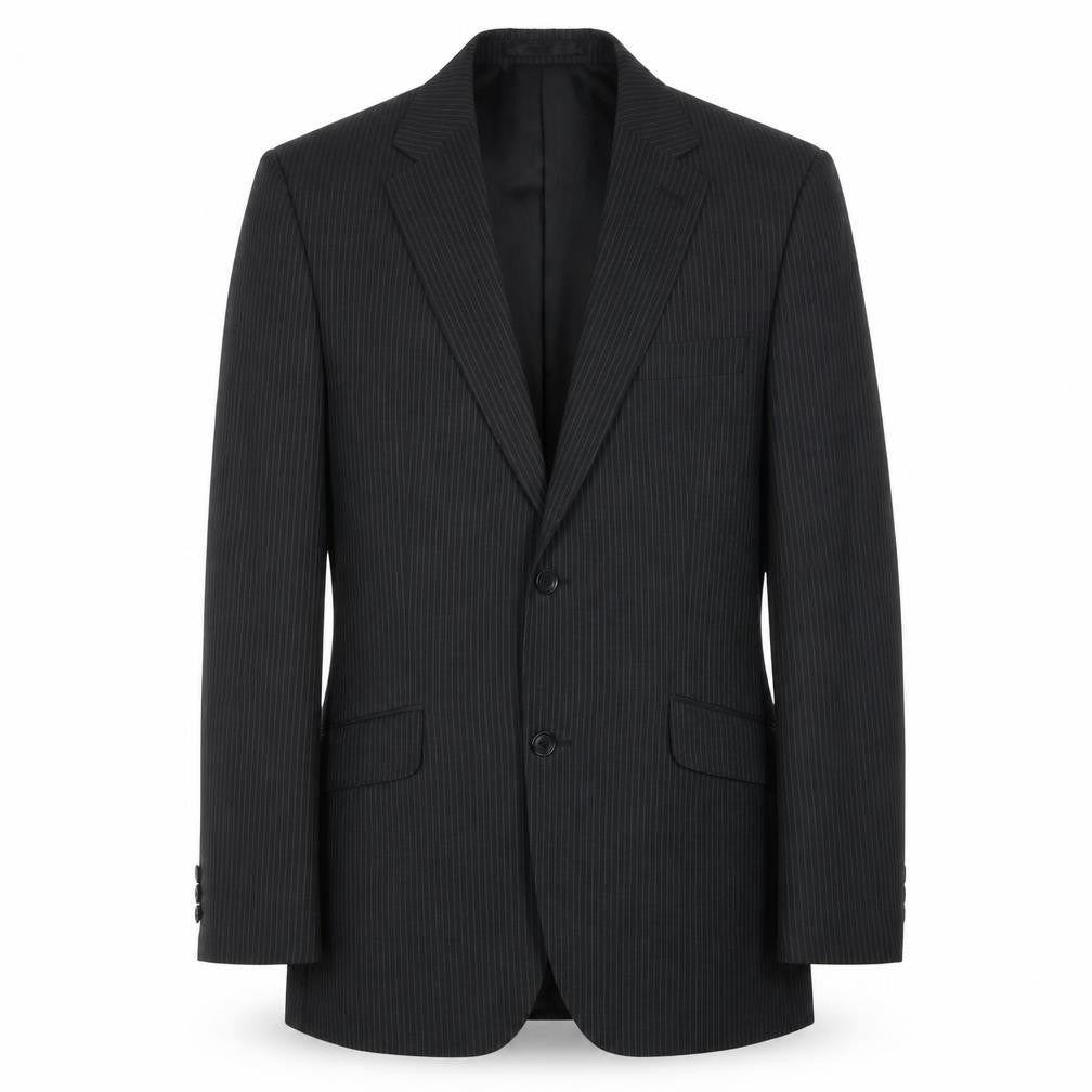 Front view of Tom english men’s black striped polyester jacket suit jacket, size 40, regular