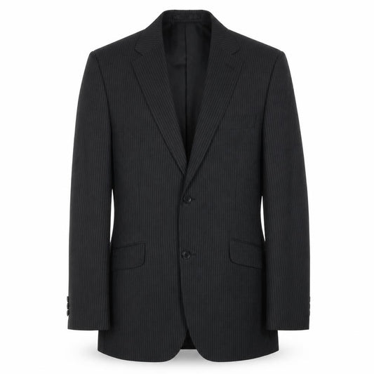 Front view of Tom english men’s black striped polyester jacket suit jacket, size 40, regular
