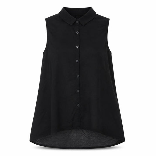 Front view of H&M women’s black polyester basic button-up, size UK 8, collared