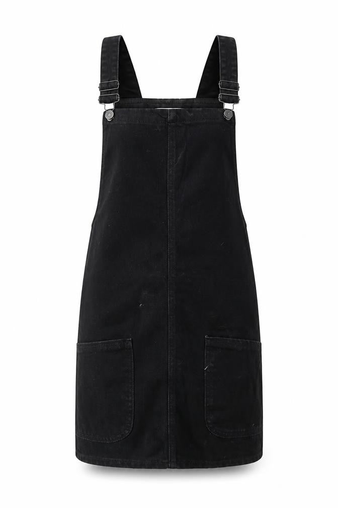 New Look Womens Black Cotton Pinafore/Dungaree Dress Size 6 Square Neck Buckle