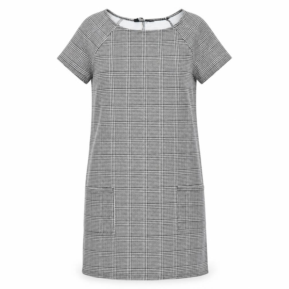 Front view of New Look women’s black plaid polyester shift, size UK 6, scoop neck pullover