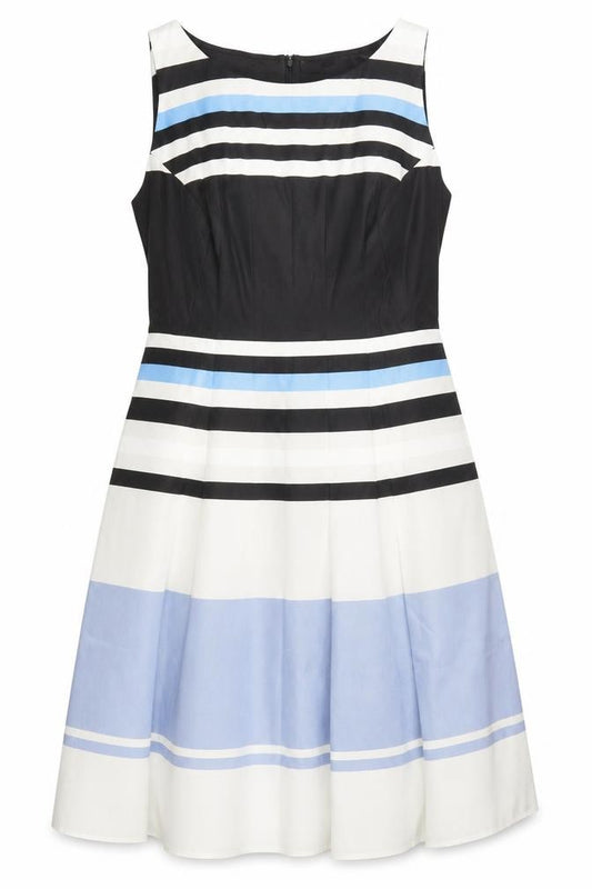 Front view of eShakti women’s multicoloured striped polyester a-line, size L, boat neck zip