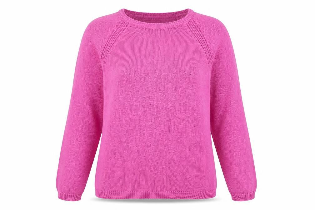 Front view of EWM women’s pink round neck 100% cotton jumper, size UK 12