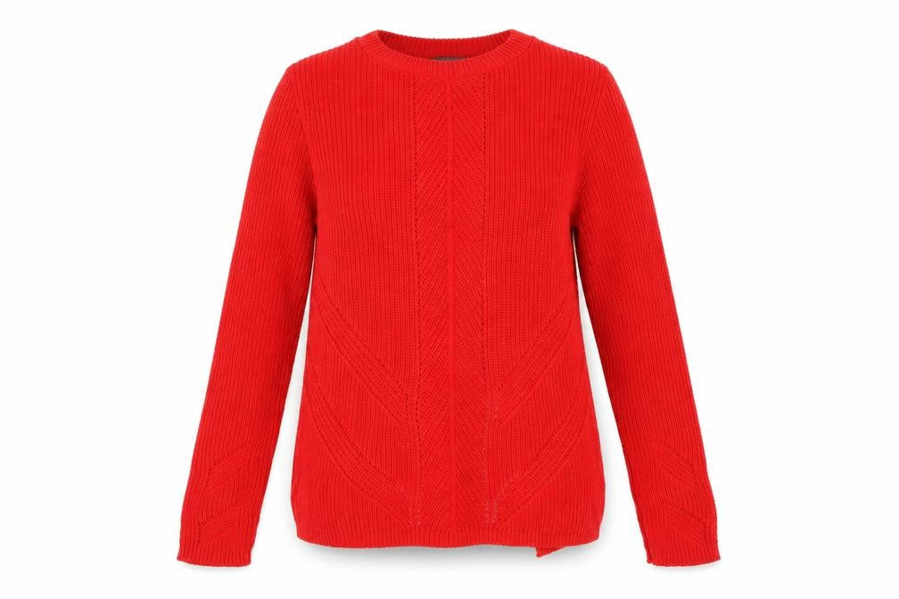 Front view of Primark women’s red round neck acrylic jumper, size M