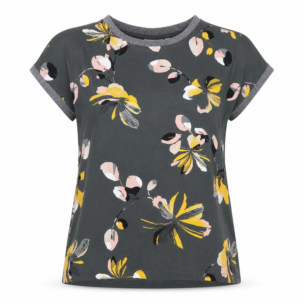 Front view of Fransa women’s green floral polyester basic t-shirt, size S, round neck