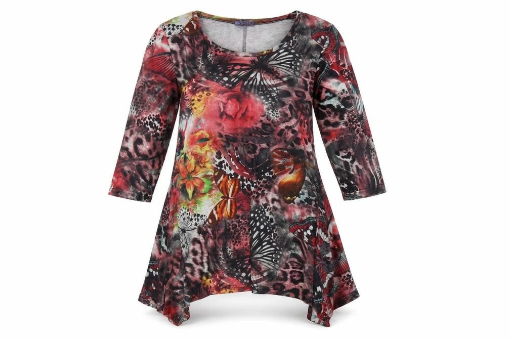 Front view of Autonomy women’s multicoloured geometric cotton a-line, round neck pullover - leopard pattern butterfly