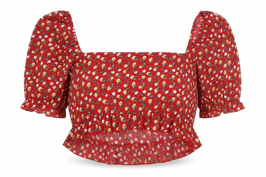 Front view of SHEIN women’s red floral polyester cropped blouse, size 2XL, boat neck