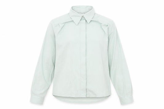Front view of Preworn women’s blue polyester basic button-up, size UK 10, collared
