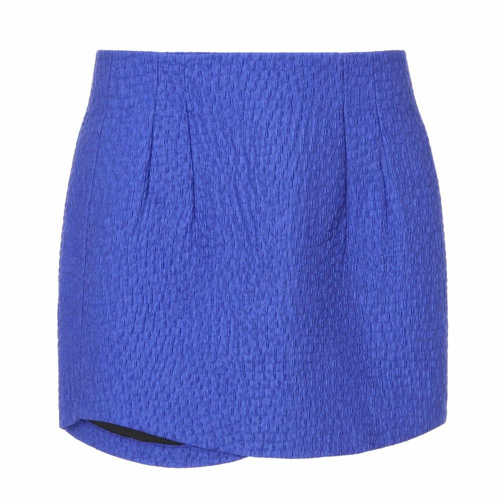 Front view of Zara women’s blue geometric polyester mini skirt, size XS, zip