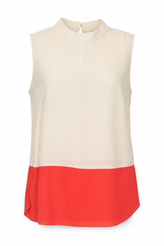 Front view of ASOS women’s brown polyester basic blouse, size UK 8, mock neck - colourblock