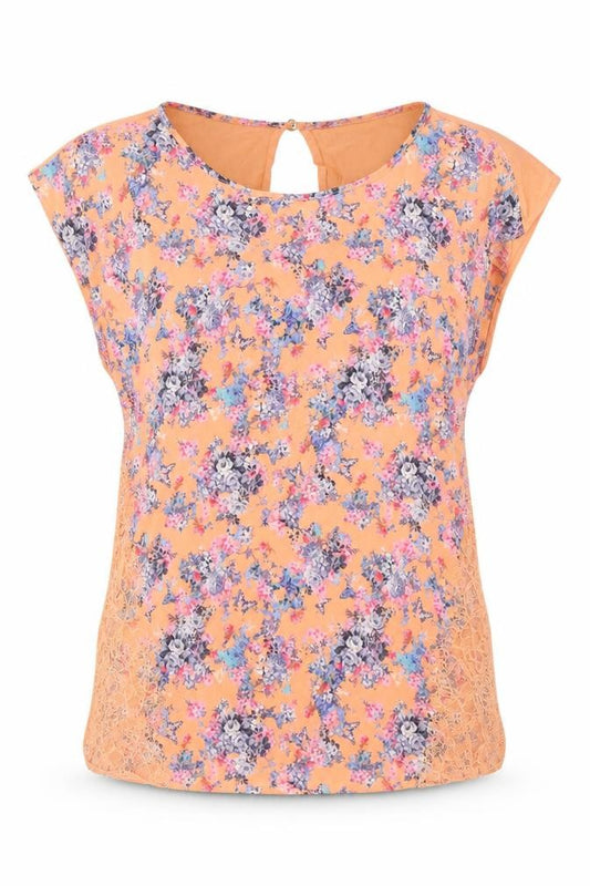 Front view of Oasis women’s multicoloured floral polyester basic t-shirt, size M, round neck