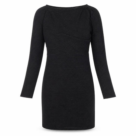 Front view of Next women’s black striped polyester shift, size UK 10, boat neck pullover