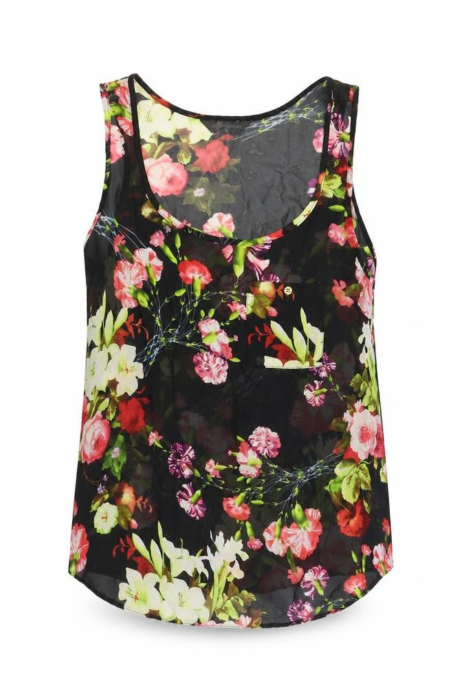 Front view of Internacionale women’s beige floral polyester basic tank, size UK 10, scoop neck
