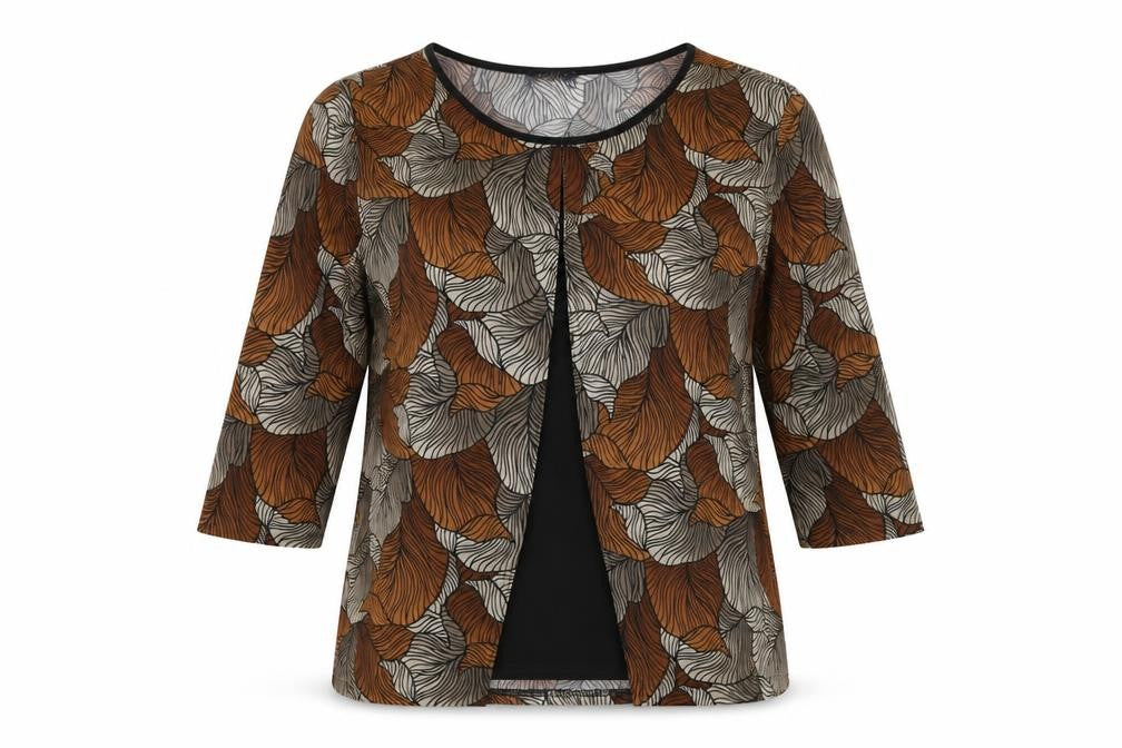 Front view of Soul Collection women’s brown geometric polyester basic t-shirt, size UK 18, round neck