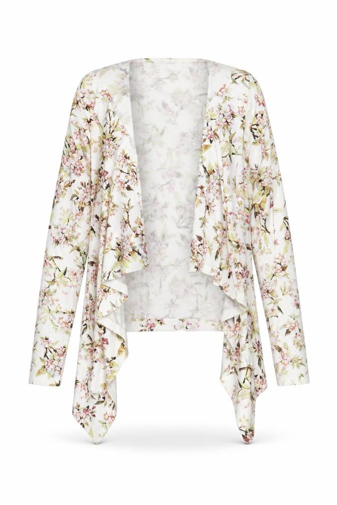Front view of Moda women’s multicoloured v-neck floral polyester cardigan jumper, size M