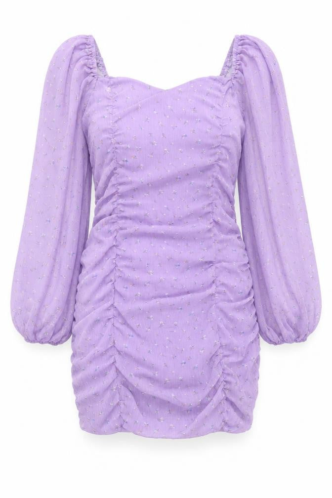 Front view of Boohoo women’s purple geometric polyester bodycon, size UK 12, square neck pullover
