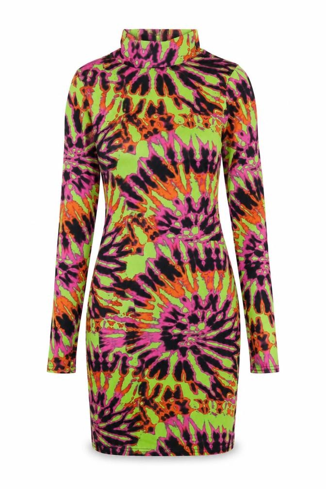 Front view of PRETTYLITTLETHING women’s multicoloured geometric viscose bodycon, size UK 6, mock neck pullover