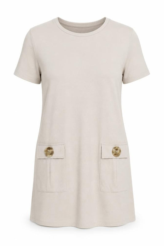 Front view of Zara women’s beige polyester a-line, size S, round neck pullover