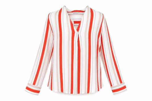 Front view of b.young women’s multicoloured striped viscose basic blouse, size UK 12, v-neck