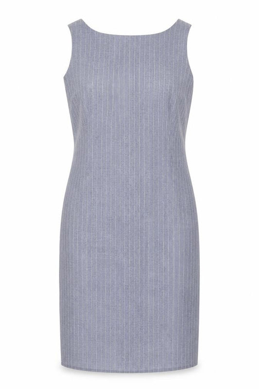 Front view of AMARANTO women’s blue striped polyester a-line, size UK 12, round neck zip