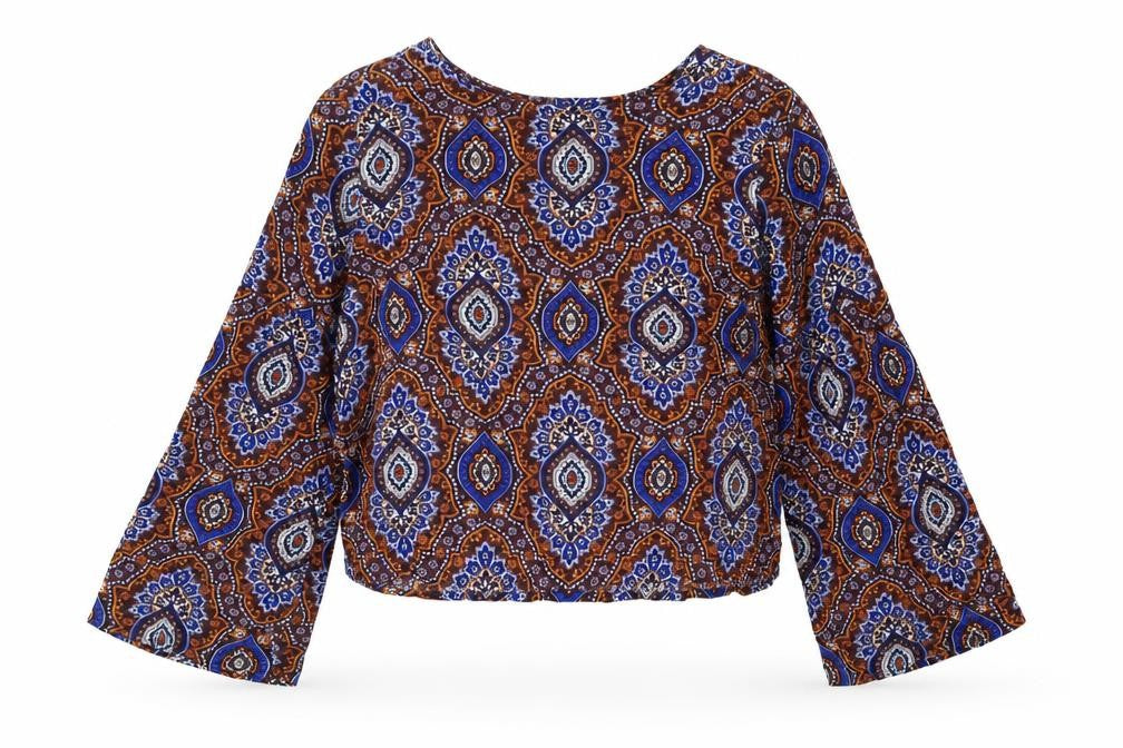 Front view of Marks & Spencer women’s multicoloured geometric viscose basic blouse, size UK 12, round neck