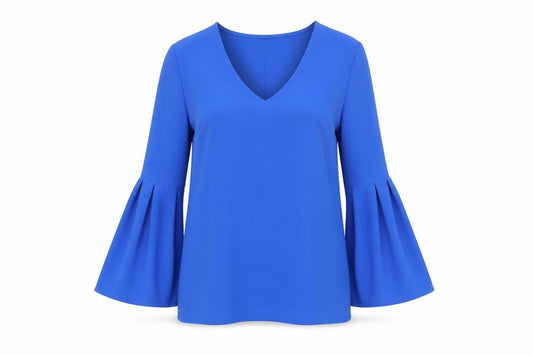 Front view of H&M women’s blue polyester basic blouse, size UK 6, v-neck - bell sleeve