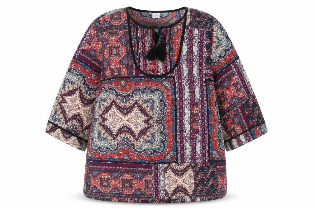 Front view of Cotton Traders women’s multicoloured geometric polyester shift, size UK 14, scoop neck tie