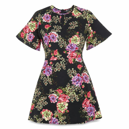 Front view of Daisy Street women’s black floral polyester a-line, size UK 8, scoop neck zip - angel sleeve
