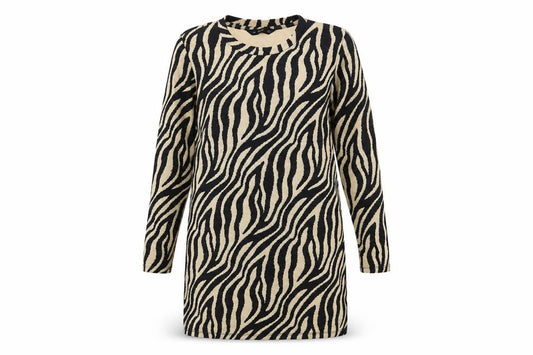Front view of F&F women’s black animal print polyester shift, size UK 12, scoop neck pullover - tiger print