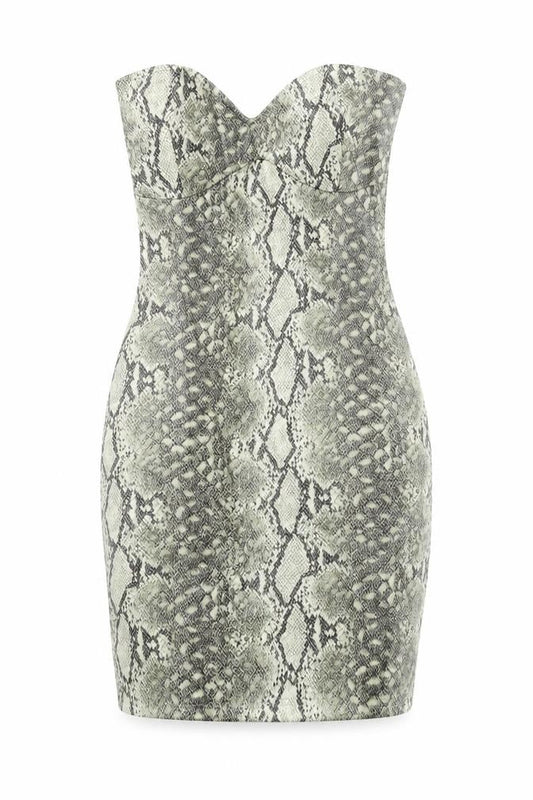 Front view of MISSYEMPIRE women’s brown animal print polyester bodycon, off the shoulder pullover - snake skin print