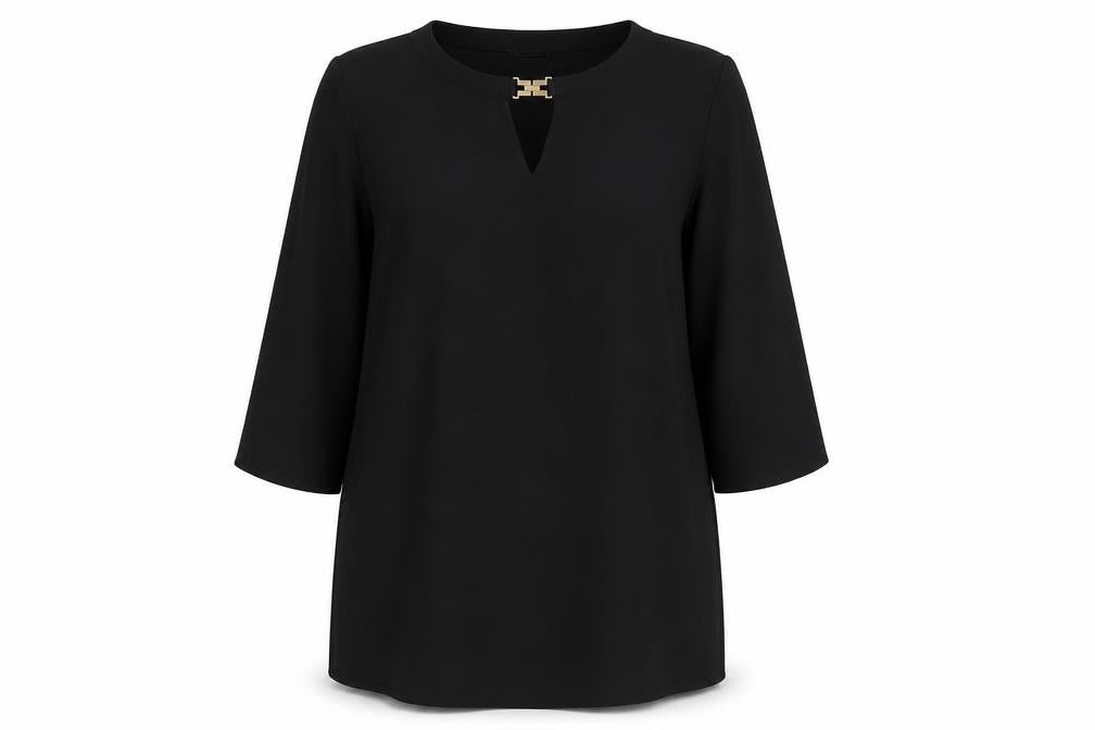 Front view of Atmosphere women’s black polyester shift, size UK 18, boat neck pullover - necklace detail