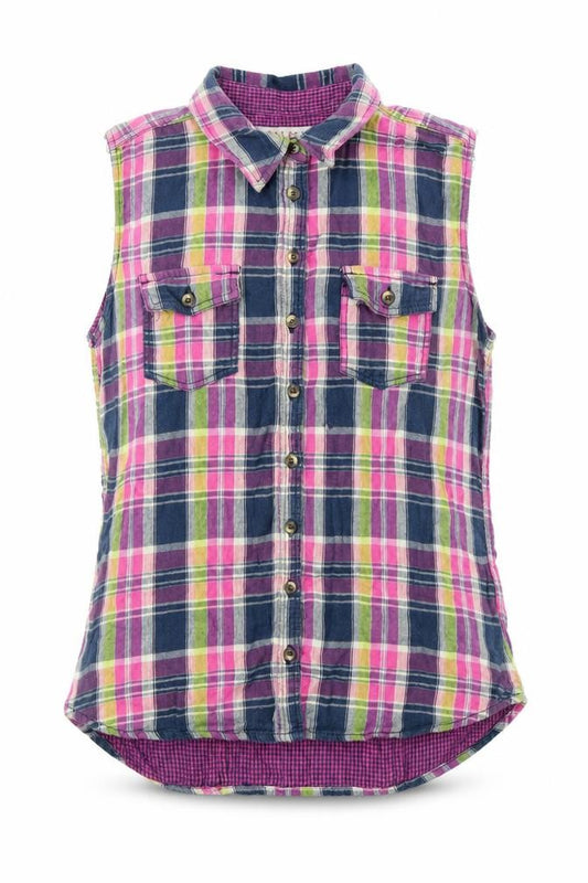 Front view of Farmer Heritage women’s multicoloured plaid 100% cotton basic button-up, size UK 14, collared