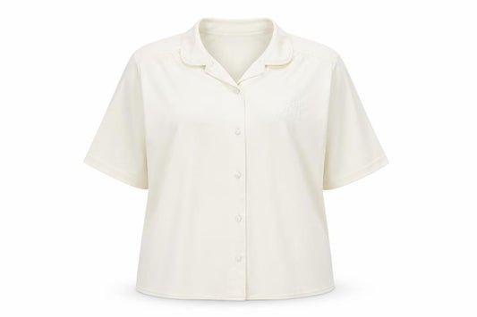 Front view of EWM women’s ivory polyester basic button-up, size UK 18, collared