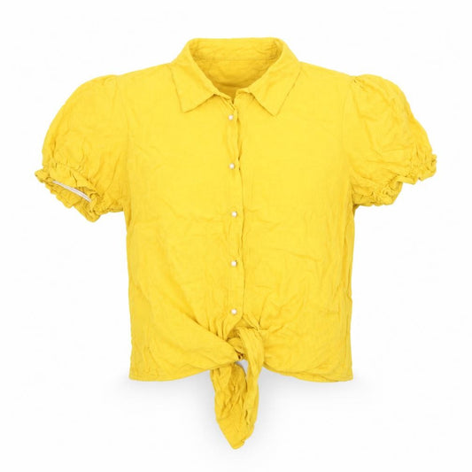 Front view of Tiffosi women’s yellow viscose cropped button-up, size S, collared - knot front