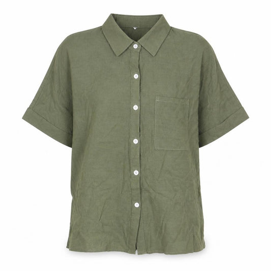 Front view of Preworn women’s green polyester basic button-up, size XL, collared