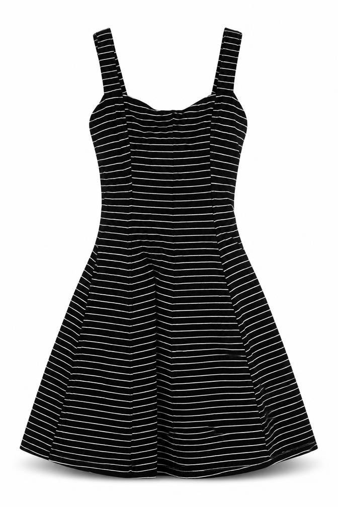 Front view of Cooperative women’s black striped rayon a-line size 2xs square neck pullover