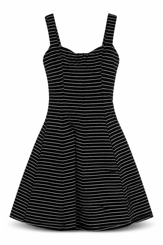 Front view of Cooperative women’s black striped rayon a-line size 2xs square neck pullover
