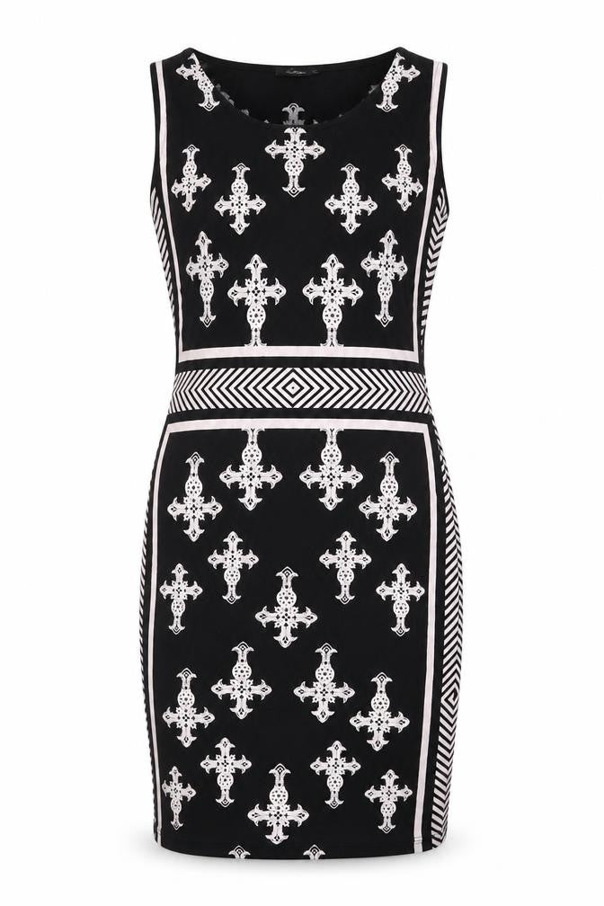 KIKIRIKI Womens Multicoloured Geometric Polyester Pencil Dress Size M Scoop Neck Pullover - Crosses