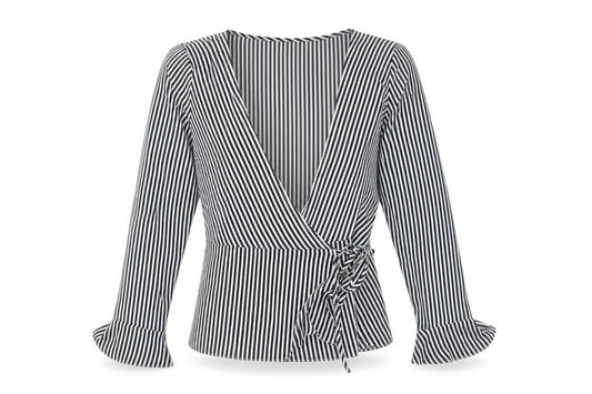 Front view of H&M women’s white striped polyester wrap blouse, size UK 12, v-neck