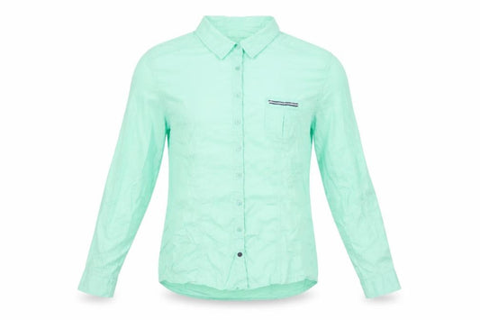 Front view of Scottage women’s green cotton basic button-up, size UK 4, collared