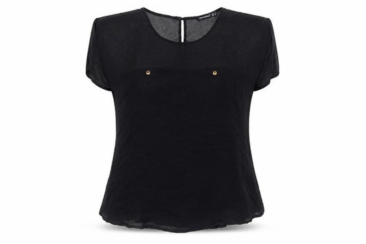 Front view of Atmosphere women’s black polyester basic t-shirt, size UK 8, round neck