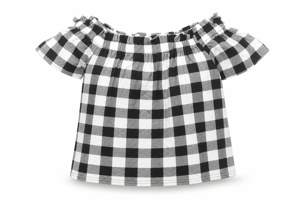 Front view of Primark women’s black check viscose basic blouse, size UK 12, boat neck