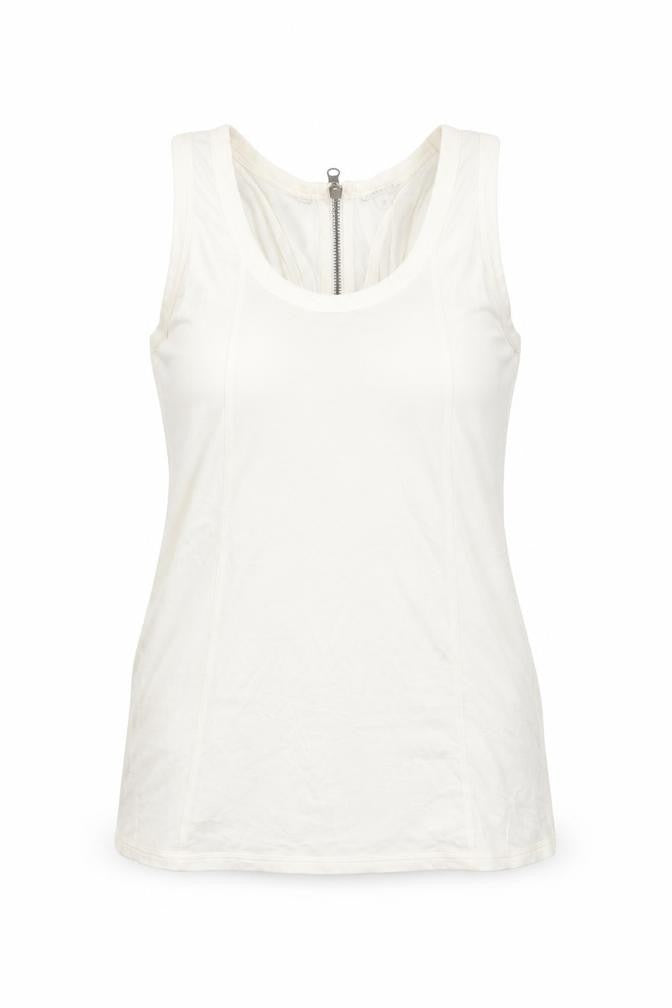 Front view of Marks & Spencer women’s ivory viscose basic tank, size UK 10, round neck