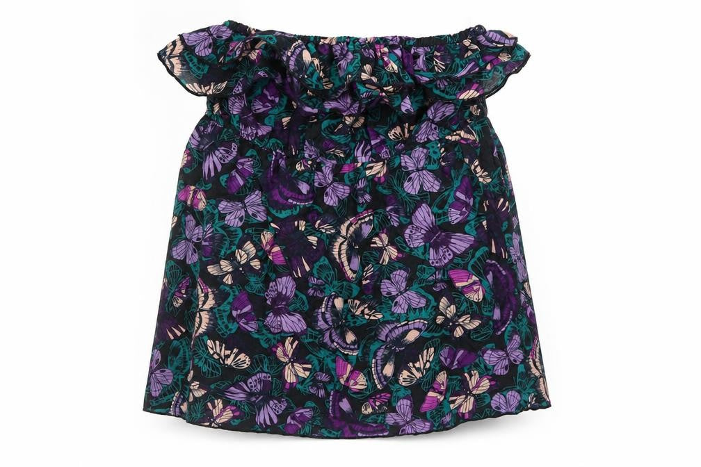 Front view of H&M women’s black geometric cotton basic blouse, size UK 10, off the shoulder - butterfly pattern