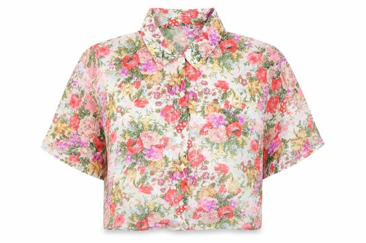 Front view of Preworn women’s multicoloured floral polyester cropped button-up, size M, collared